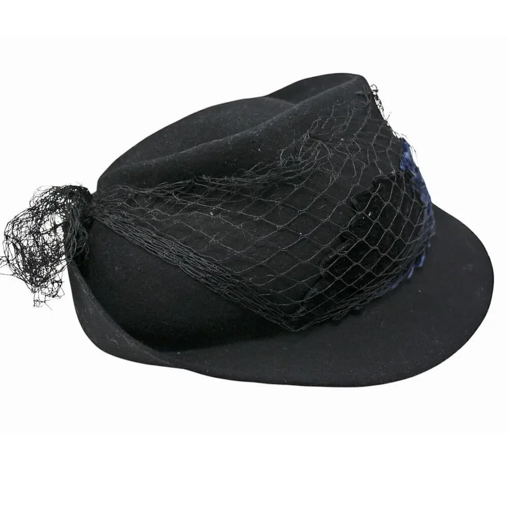Vintage 1940s Hat Black Shaped Wide Brim w Velvet Appliques Net Veil - Hey Viv - Picture 5 of 9